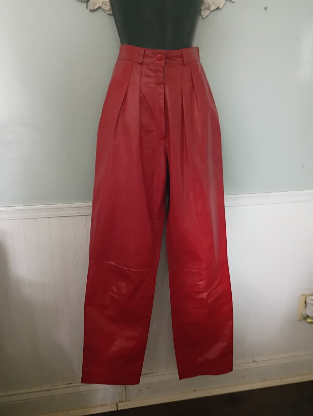Vintage 80s Christian Lauren Red High-Waist Wide-Leg Faux Leather Pants